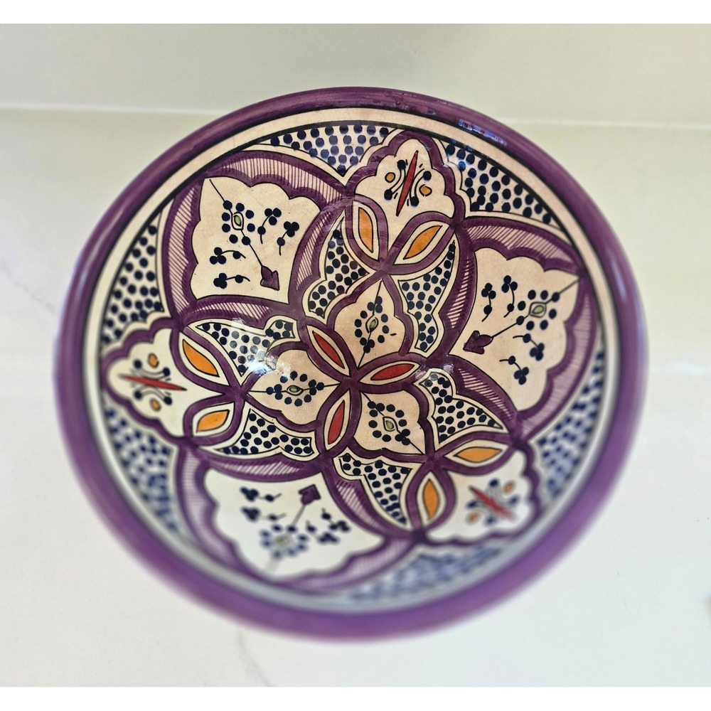Vintage Safi Morocco Hand Painted Ceramic Bowl Purple Floral Pottery Signed